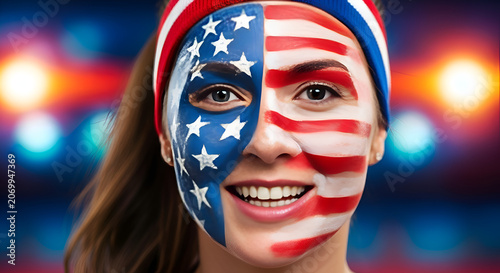 Patriotic Woman With American Flag Face Paint Cheering USA