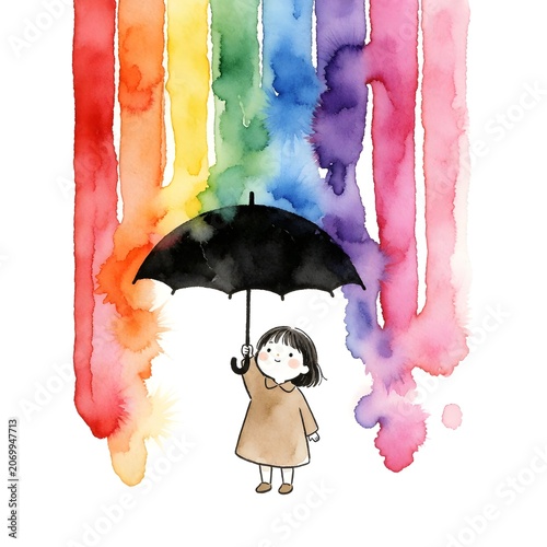 A hand-painted watercolor illustration of a little girl holding a black umbrella beneath vibrant rainbow drips, evokes protection, creativity and childhood wonder with soft textures and color