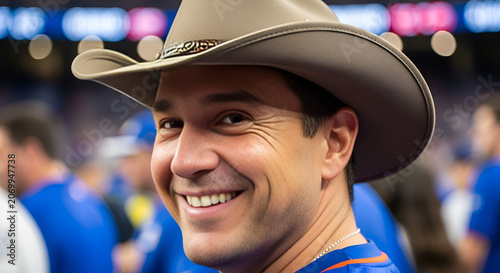 Smiling Man Wearing Cowboy Hat at Sports Event, Close-up Portrait