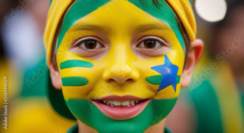 Young child with Brazilian flag painted face, smiling for sports event