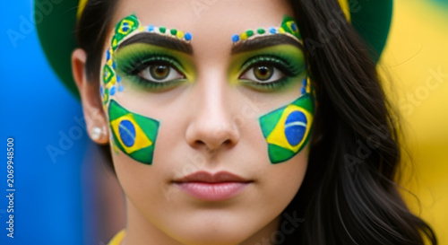 Young Woman With Brazilian Flag Face Paint Cheering