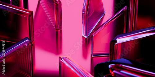 Cyber elements made of transparent glass and liquid acrylic purple blue glow on black backdrop cinematic tech background design cover art visuals 3d rendering