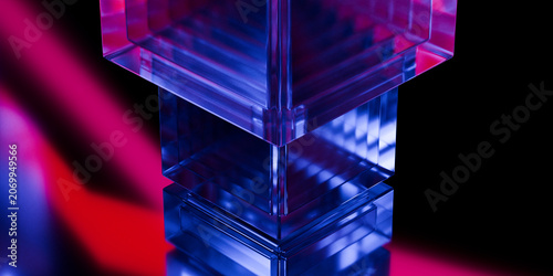 Cyber elements made of transparent glass and liquid acrylic purple blue glow on black backdrop cinematic tech background design cover art visuals 3d rendering