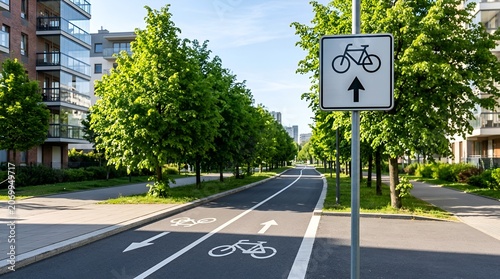 Urban bicycle path with greenery and modern buildings, cycle lane sign