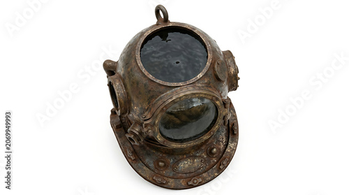 Antique diving helmet isolated on white background, vintage deep sea exploration gear