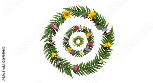 Vibrant Floral Mandala Design with Green Leaves and Colorful Petals in Circular Pattern