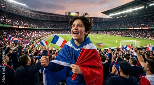 Excited Young French Fan with Flag at Soccer Match in Stadium
