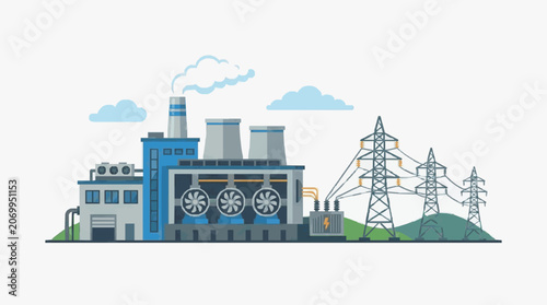 Fotografie Industrial Power Plant with Transmission Lines.