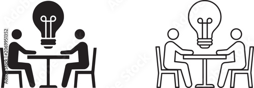 Two stylized people sit at a table discussing an idea represented by a lightbulb
