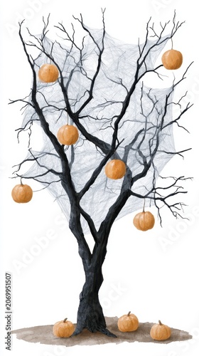 Spooky Halloween Tree with Hanging Pumpkins & Spiderwebs on White Background