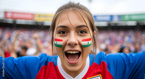 Enthusiastic young woman with flag painted cheeks cheering at sports event
