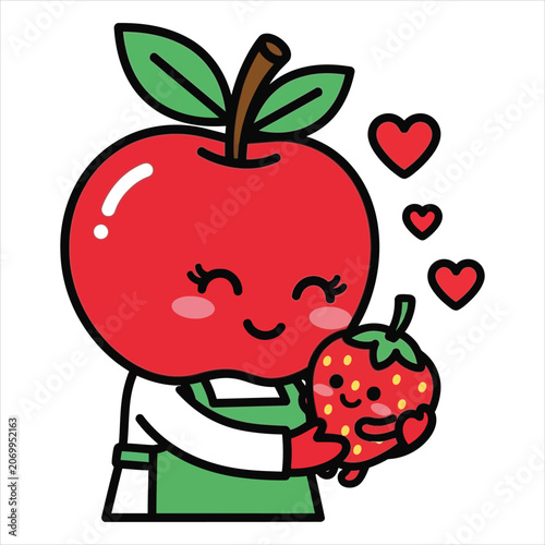 Cute mother apple character hugging a little baby strawberry with hearts