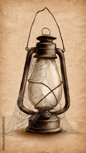 Vintage Kerosene Lantern Illustration with Cobwebs on Aged Paper Background