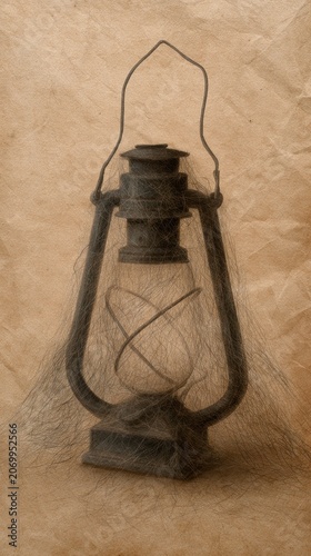 Vintage Lantern Art with Hairy Texture on Aged Brown Paper, Rustic Oil Lamp Illustration
