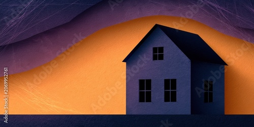 Minimalist House Illustration in Abstract Orange and Purple Landscape with Textured Layers