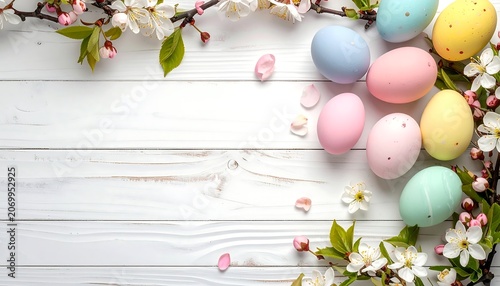 A springtime scene with pastel-colored eggs nestled among delicate blossoms and wooden planks, creating an Easter-themed aesthetic
