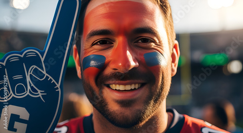 Excited Fan with Face Paint Cheering at Sports Game