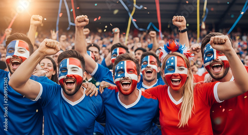 Excited Fans Cheer with Face Paint and Flags at a Sporting Event