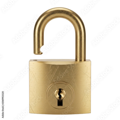 Antique brass padlock with secure shackle and keyhole
