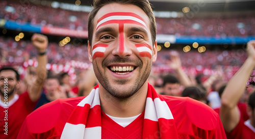 Excited soccer fan with face paint and scarf cheering in stadium crowd