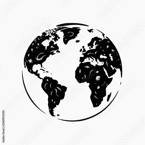 Black and white globe illustration, artistic style, minimalist design, copy space