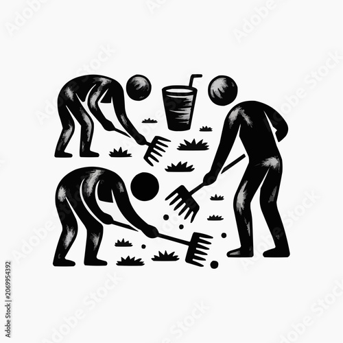 Three people gardening with rakes, enjoying summer, refreshing drink, black and white illustration