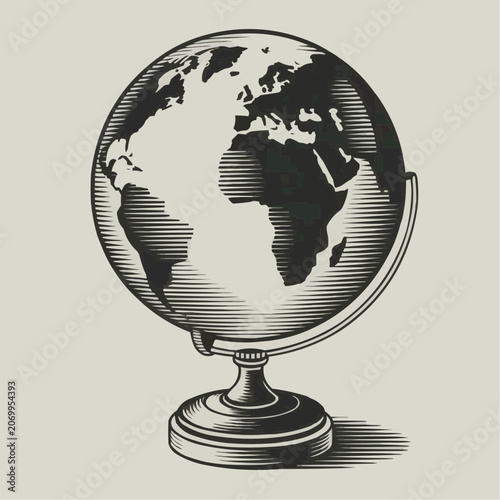 Vintage globe illustration, black and white, detailed cartography