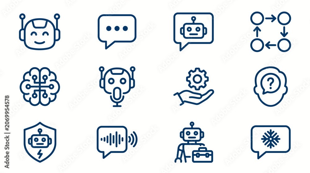 Fototapeta premium Collection of various robot and artificial intelligence icons in a simple line style
