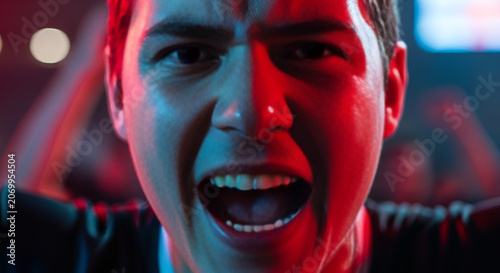 Intense Young Man Screaming Out Loud, Red and Blue Lighting, Close Up Portrait