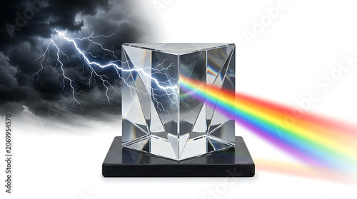 Prism splitting light into a rainbow against a stormy sky on an isolated background