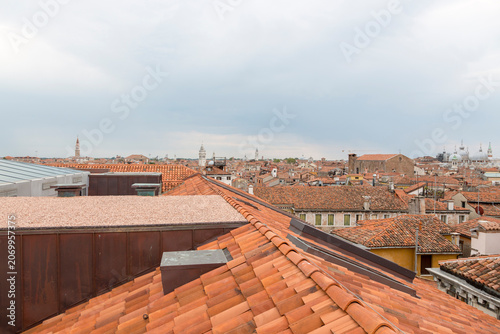 Venice, Italy - August 22, 2019: View of Venice from the roof of a house.
