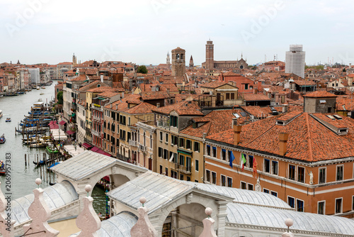 Venice, Italy - August 22, 2019: View of Venice from the roof of a house.