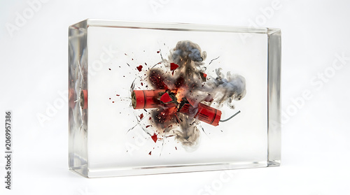 Explosion trapped in clear resin block isolated on white background