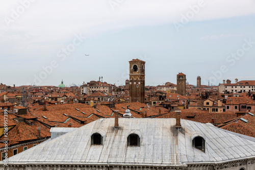 Venice, Italy - August 22, 2019: View of Venice from the roof of a house.