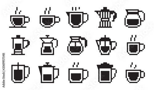 Obraz na płótnie Pixel art coffee makers and cups for brewing and serving coffee at home or cafe