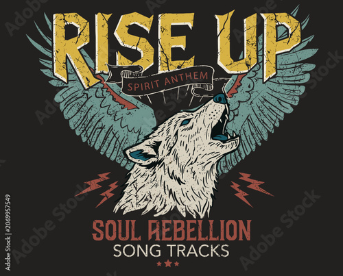 Foto Wolf illustration, rise up vintage design, soul rebellion wings, spirit anthem rock graphic, retro distressed apparel print, wolf head