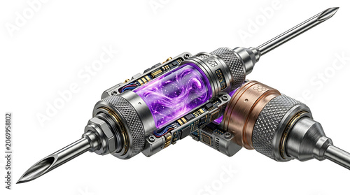 futuristic medical syringe with glowing purple liquid isolated on white background