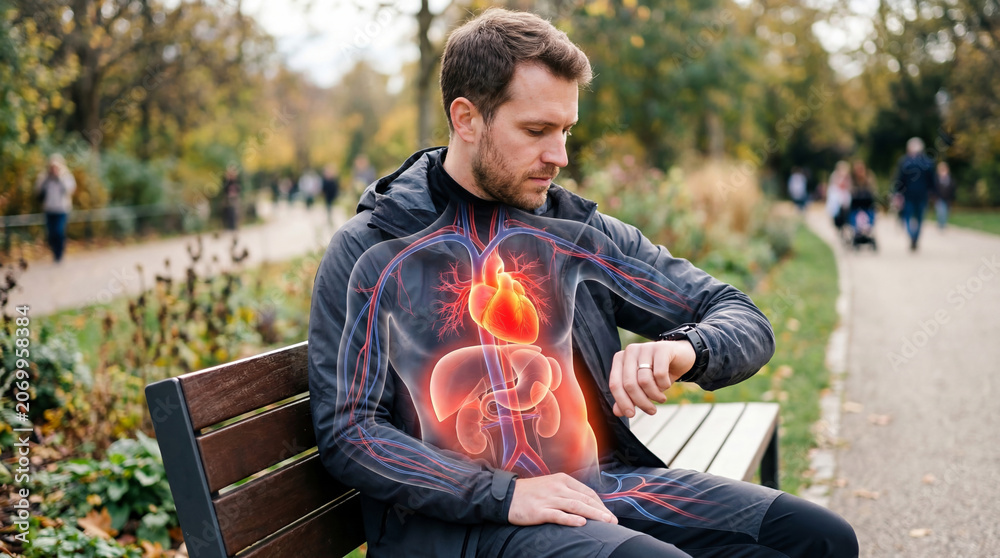 Fototapeta premium Man sitting on bench checking heart rate on smart watch. Digital visualization of human internal organ and anatomy. Healthcare monitoring technology, pulse check and fitness tracking concept.