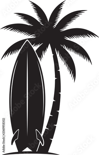 Black silhouette of surfboard and palm tree on white