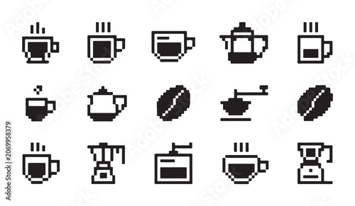 Photos Set of pixel art icons featuring various coffee brewing equipment and bean elements