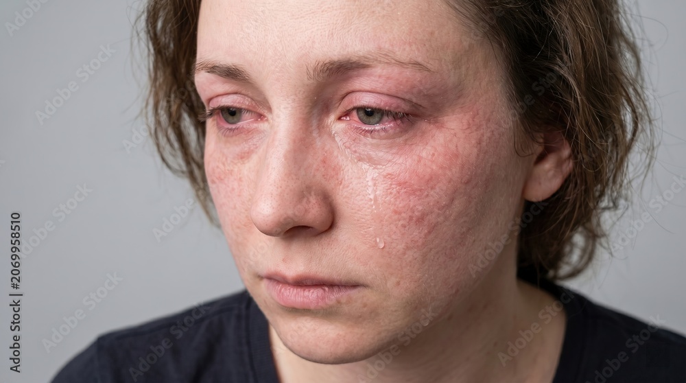 Fototapeta premium Close up of emotional woman crying with severe facial redness skin inflammation and sensitive allergic reaction