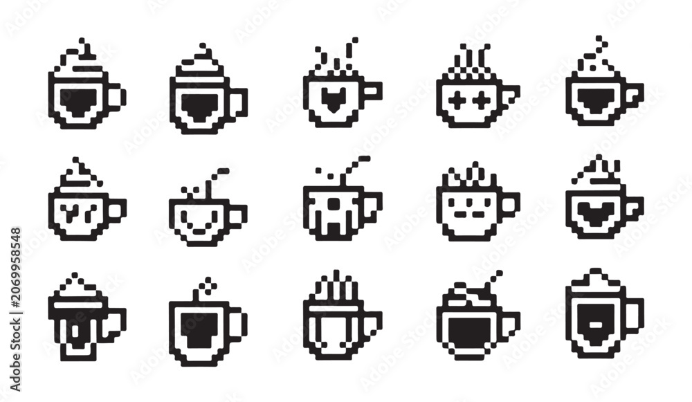 Fototapeta premium Set of pixel art icons featuring decorated coffee cups with whipped cream and sprinkles.