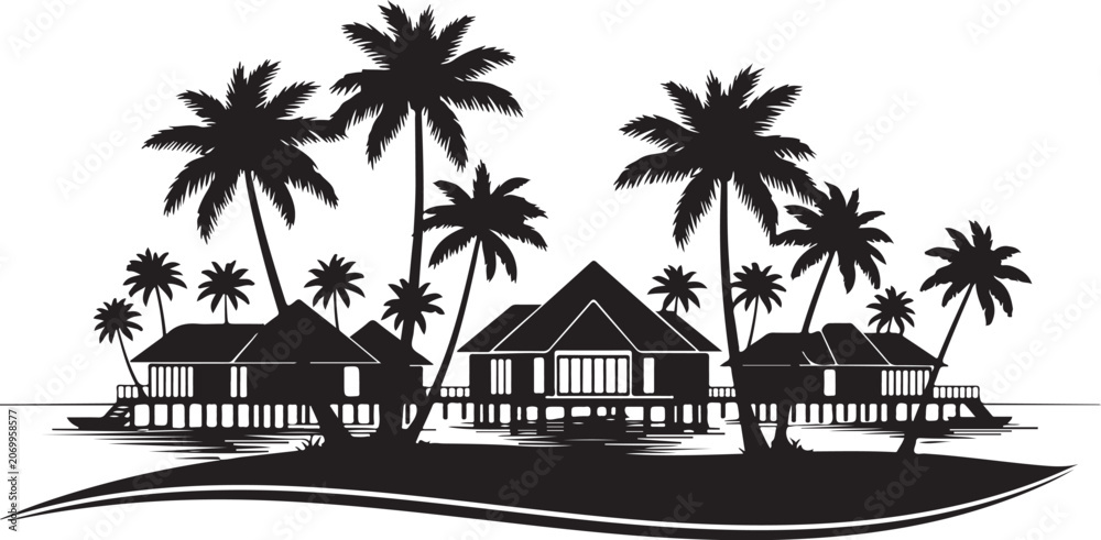 Obraz premium Black silhouette of tropical island huts with palm trees