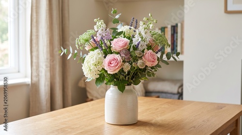 Beautiful bouquet of flowers on a wooden table in a cozy room