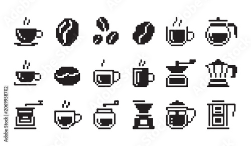 Foto Pixel art collection of coffee beans, cups, and brewing equipment icons