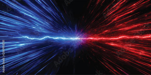 Obraz na płótnie Dynamic energy burst with bright red and blue lightning bolts crossing a dark ba