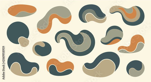 A collection of retro-styled, fluid organic shapes and wavy abstract blobs featuring a muted color palette of terracotta, teal, grey, and beige isolated on a cream background.