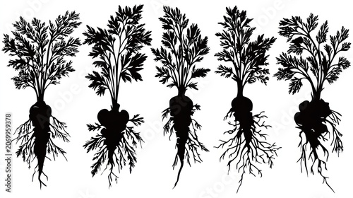 Collection of diverse root vegetable silhouettes showcases different growth stages and forms