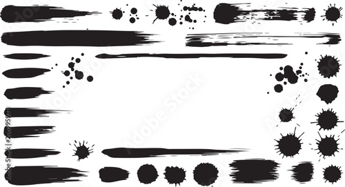 A collection of various black ink splatters, artistic textured brush strokes, blots, and paint splashes arranged as a decorative border frame isolated on a white background.