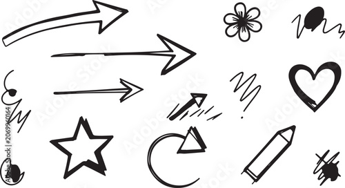 A collection of black and white sketch style design elements including various pointing arrows, a heart, star, flower, pencil, and playful scribbles.